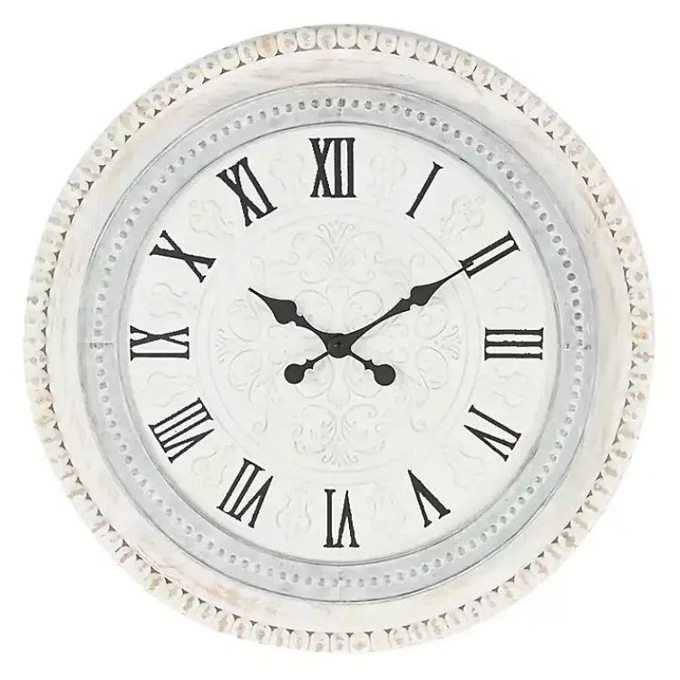 Clocks-Kirklands Home White Distressed Wood Round Beaded Wall Clock