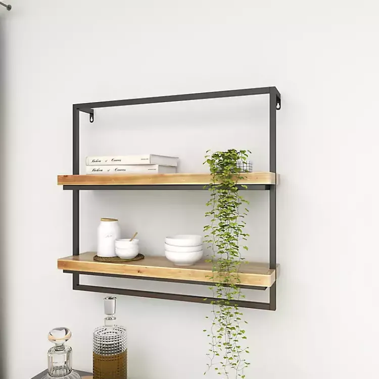 Shelves-Kirklands Home Brown Wood Black Metal Frame Wall Shelves