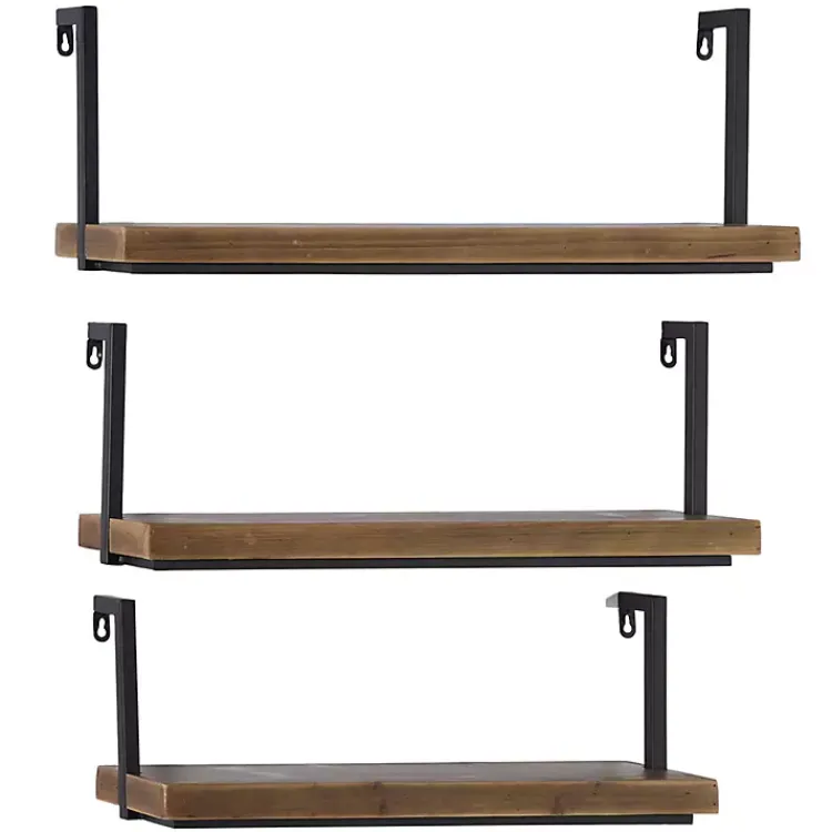 Shelves-Kirklands Home Brown Wood Black Metal Frame 3-pc. Wall Shelves