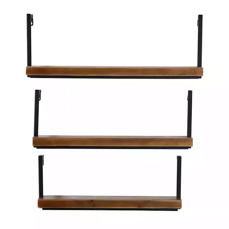 Shelves-Kirklands Home Brown Wood Black Metal Frame 3-pc. Wall Shelves