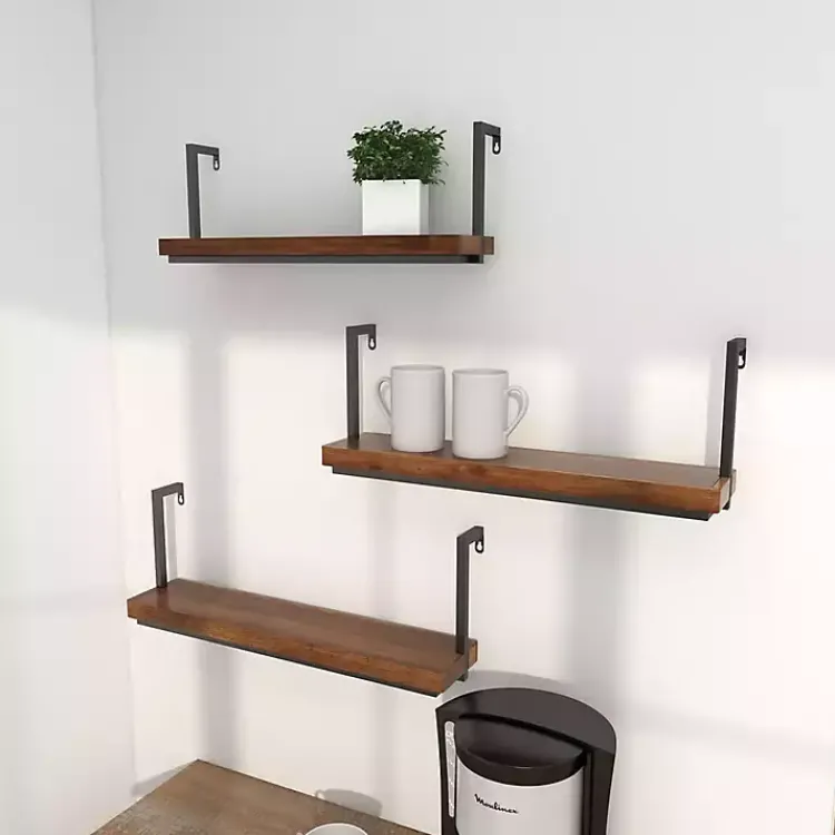 Shelves-Kirklands Home Brown Wood Black Metal Frame 3-pc. Wall Shelves