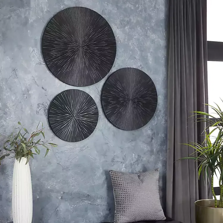 Wall Plaques-Kirklands Home Matte Ribbed Sunburst Wall Plates, Set of 3 Black