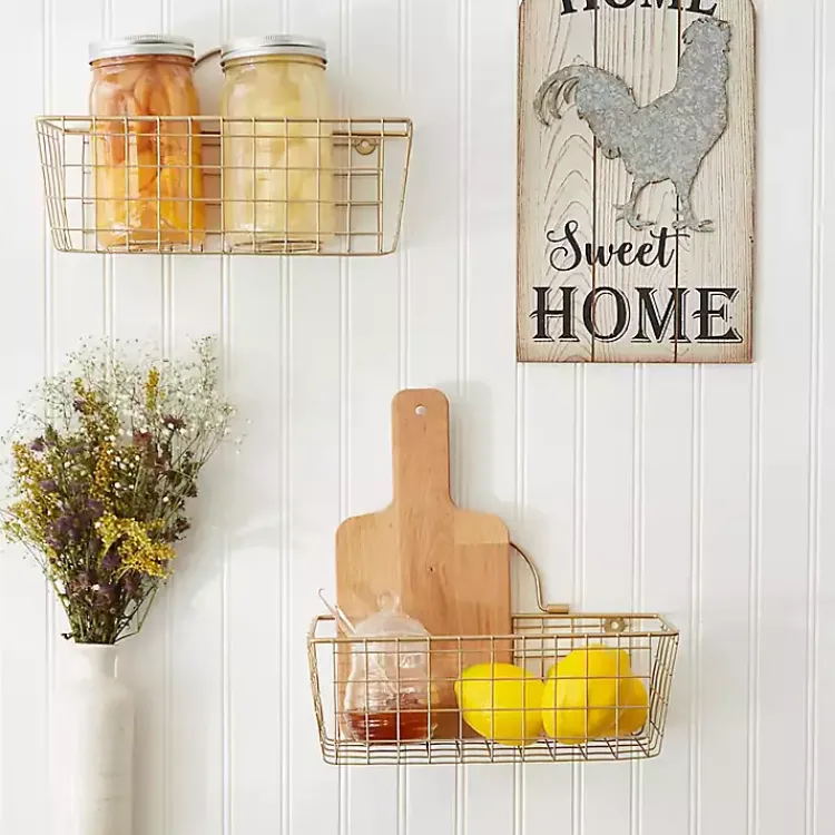 Wall Storage-Kirklands Home Gold Metal Wire Cage Wall Baskets, Set of 2