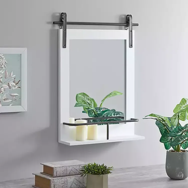 Decorative Mirrors-Kirklands Home Wood Barn Door Frame with Shelf Wall Mirror White