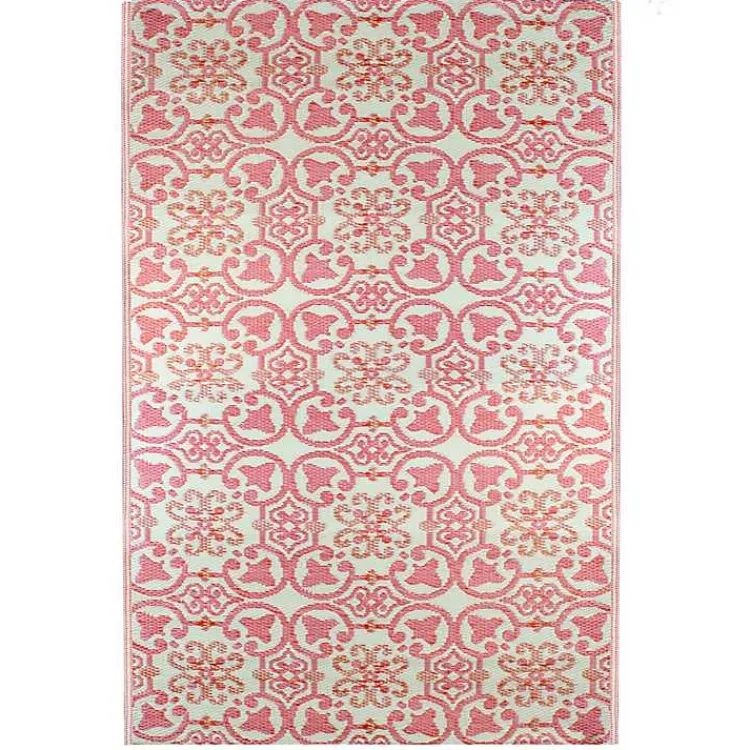 Outdoor Rugs-Kirklands Home Pink and Cream Floral Tile Outdoor Area Rug, 4x6