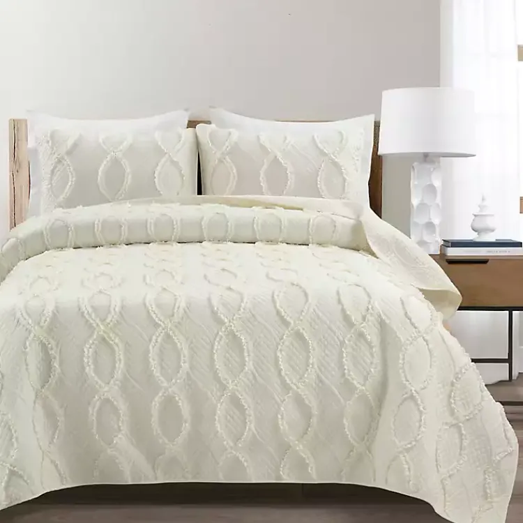 Quilts-Kirklands Home Ivory Trellis Ruffles 3-pc. King Quilt Set White