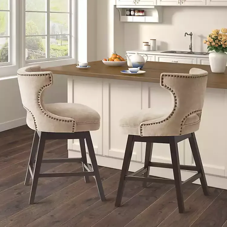 Bar Stools & Counter Height Stools-Kirklands Home Sandy Beige Curve Back Swivel Counter Stool Tan