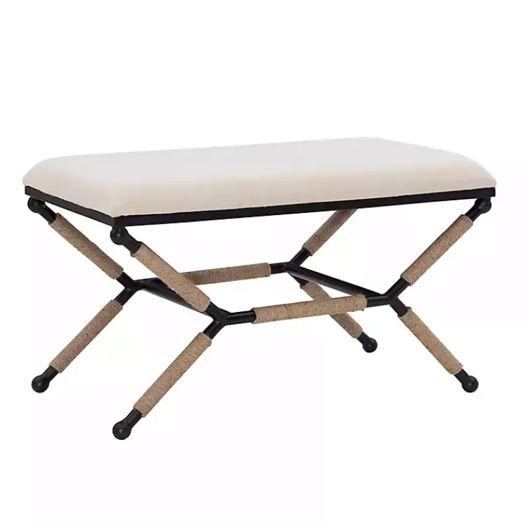 Dining Chairs-Kirklands Home White Upholstered and Wrapped Rope Metal Bench