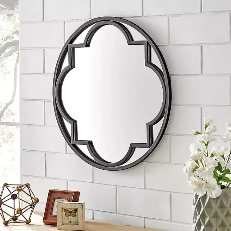 Decorative Mirrors-Kirklands Home Metal Quatrefoil Round Frame Wall Mirror Black