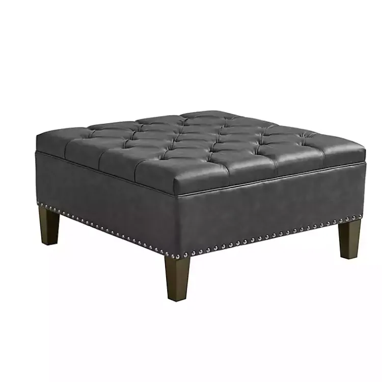 Benches & Ottomans-Kirklands Home Charocal Button Tufted Leather Ottoman Gray