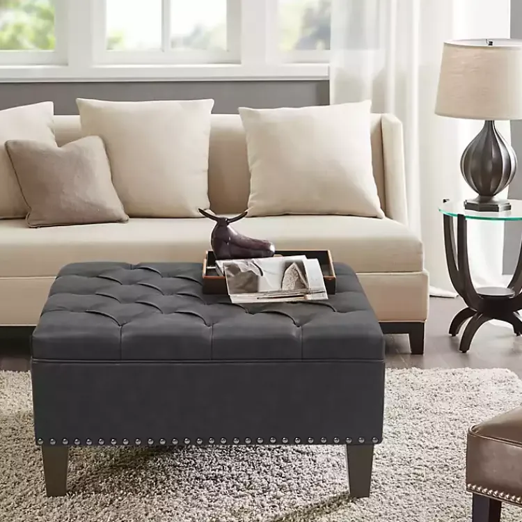 Benches & Ottomans-Kirklands Home Charocal Button Tufted Leather Ottoman Gray