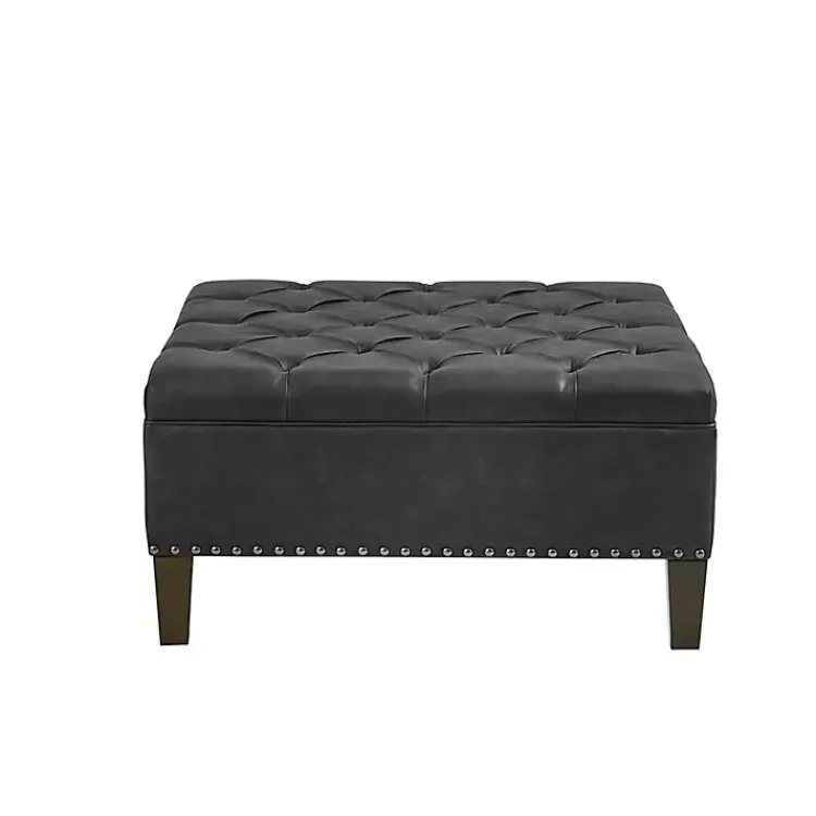 Benches & Ottomans-Kirklands Home Charocal Button Tufted Leather Ottoman Gray