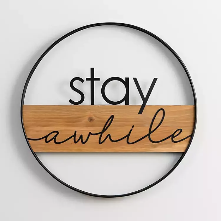 Wall Quotes & Signs-Kirklands Home Stay Awhile Metal and Wood Wall Plaque