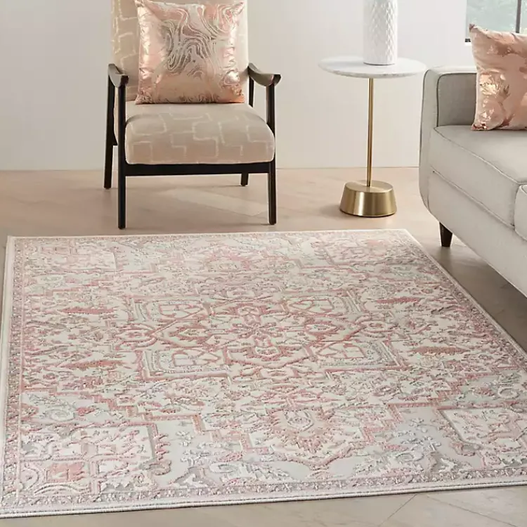 Area Rugs-Kirklands Home Ivory and Rose Floral Medallion Area Rug, 5x7