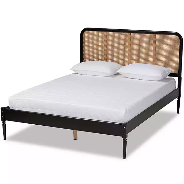 Beds & Headboards-Kirklands Home Mid-Century Black Wood Rattan Queen Platform Bed