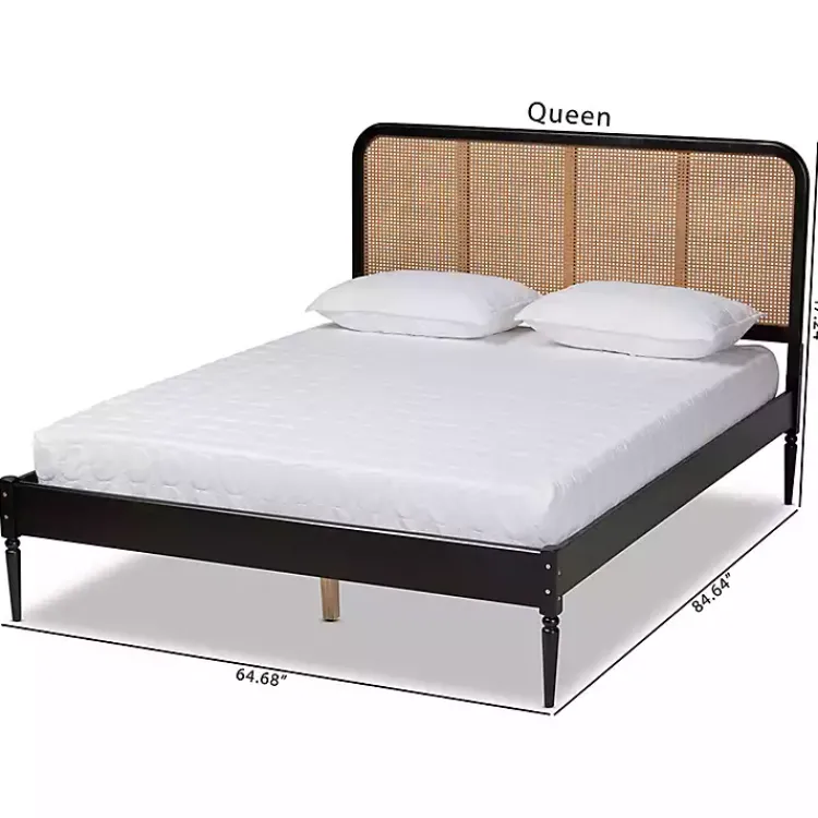Beds & Headboards-Kirklands Home Mid-Century Black Wood Rattan Queen Platform Bed