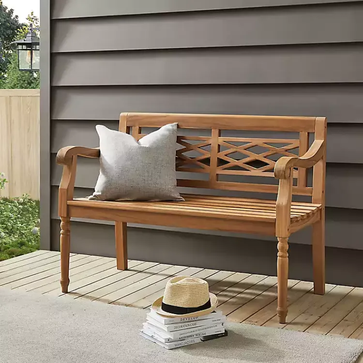 Outdoor Seating-Kirklands Home Lattice Teakwood Slatted Outdoor Bench Tan
