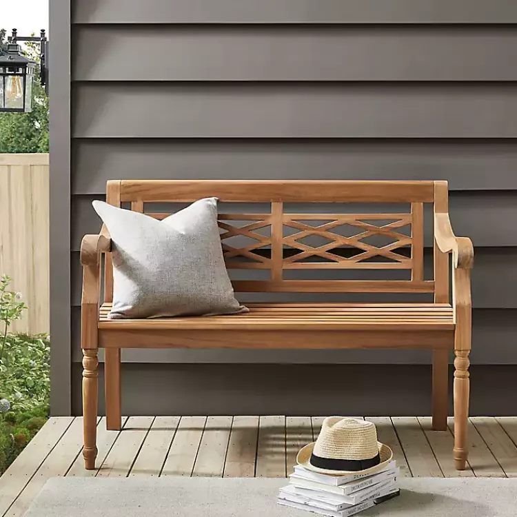 Outdoor Seating-Kirklands Home Lattice Teakwood Slatted Outdoor Bench Tan