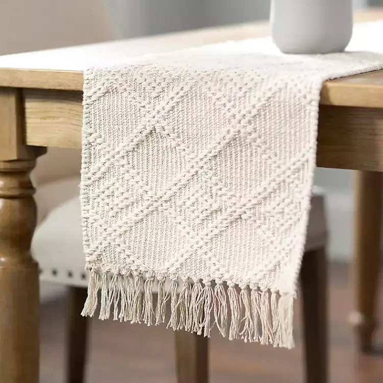 Table Linens-Kirklands Home Woven Lattice Tasseled Table Runner Ivory