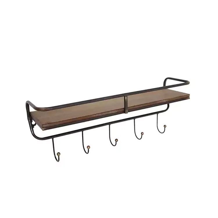 Hooks-Kirklands Home Brown Metal Frame Wood Wall Shelf with Hooks