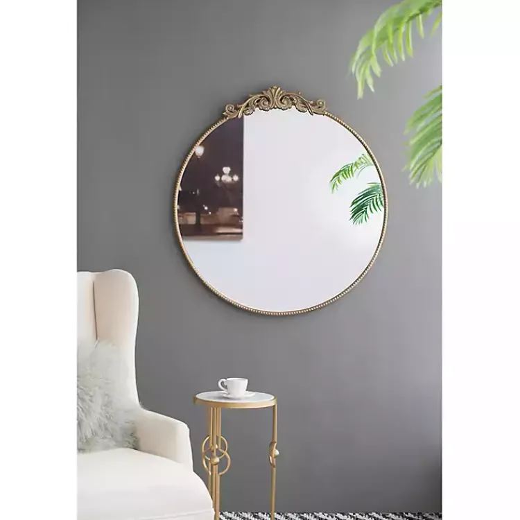 Decorative Mirrors-Kirklands Home Round Antique Floral Scroll Mirror, 39 in. Gold