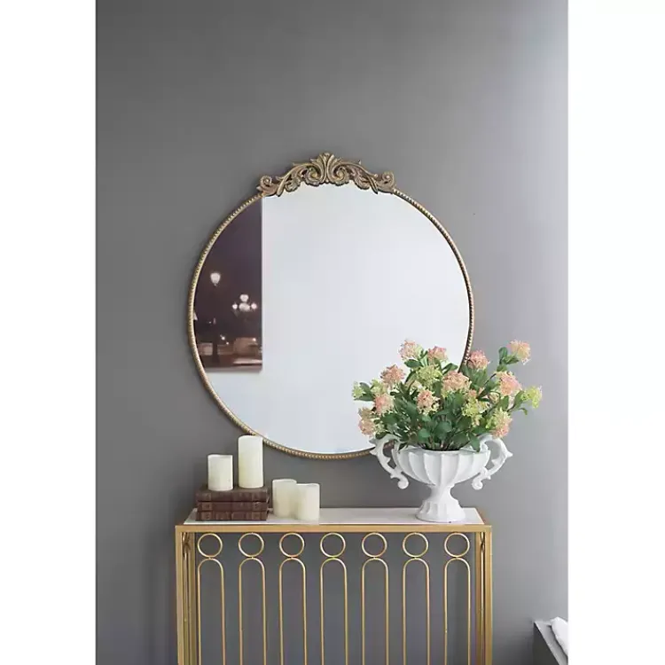 Decorative Mirrors-Kirklands Home Round Antique Floral Scroll Mirror, 39 in. Gold
