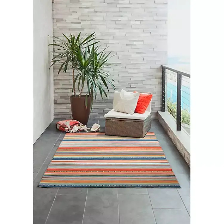 Outdoor Rugs-Kirklands Home Blue Dhurri Stripe Indoor/Outdoor Area Rug, 7x9