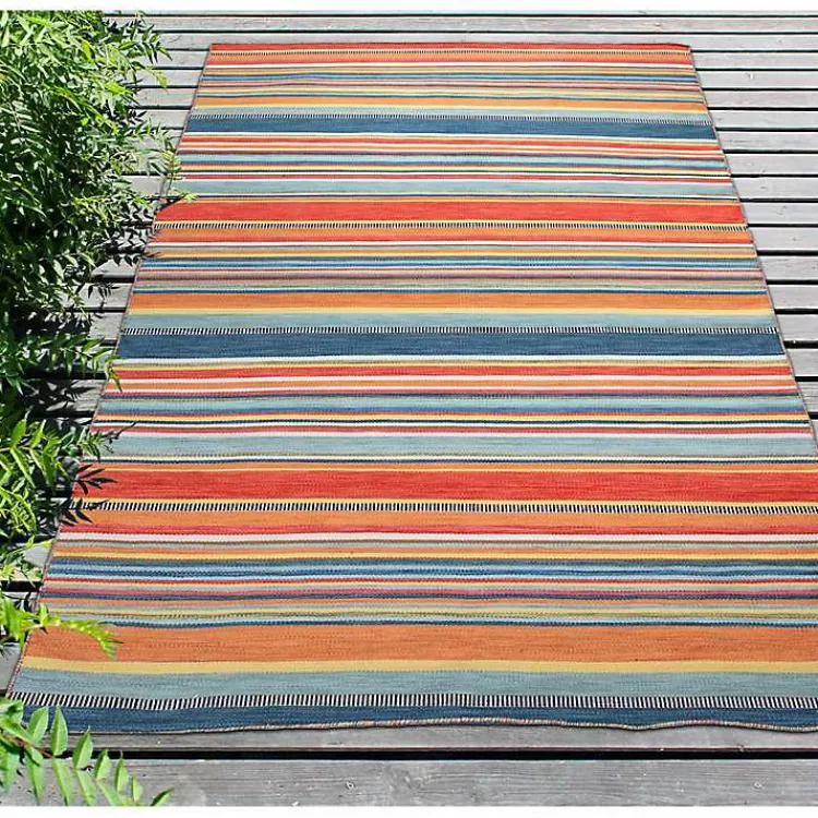 Outdoor Rugs-Kirklands Home Blue Dhurri Stripe Indoor/Outdoor Area Rug, 7x9