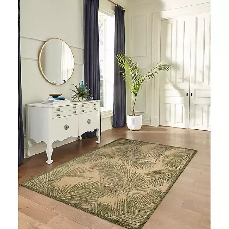 Outdoor Rugs-Kirklands Home Golden Green Palm Leaves Outdoor Area Rug, 4x7