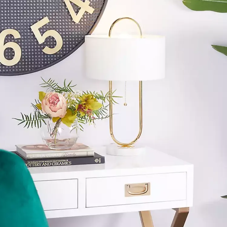 Table Lamps-Kirklands Home Metal Open Loop Stem White Round Table Lamp Gold