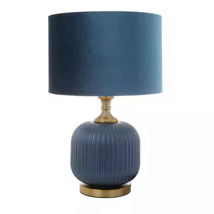 Table Lamps-Kirklands Home Glass Base Round Velvet Shade Table Lamp Blue