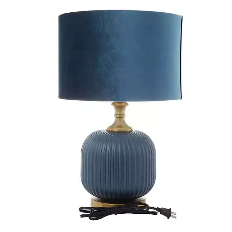 Table Lamps-Kirklands Home Glass Base Round Velvet Shade Table Lamp Blue