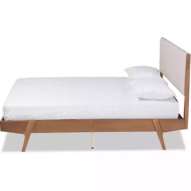 Beds & Headboards-Kirklands Home Tan Upholstered Brown Wood Full Platform Bed