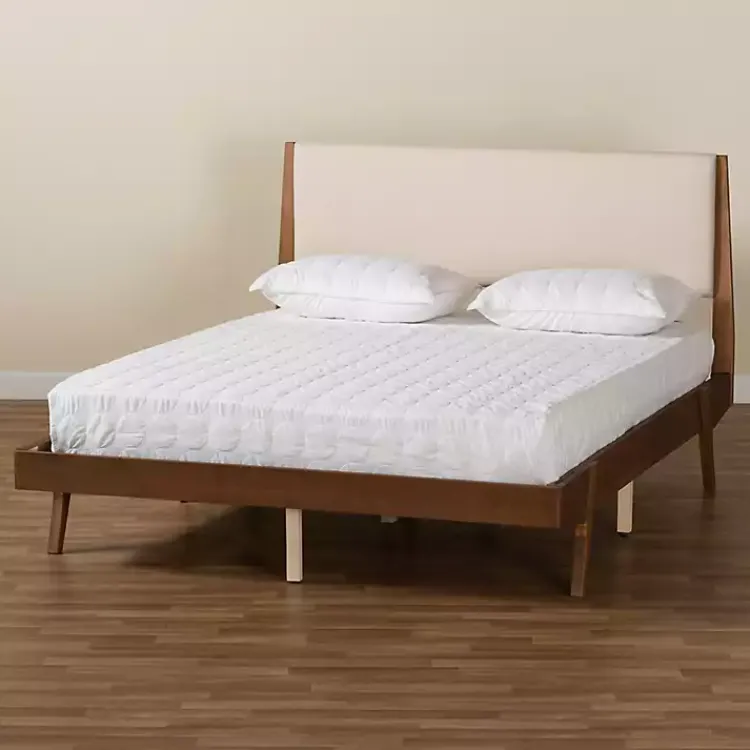 Beds & Headboards-Kirklands Home Tan Upholstered Brown Wood Full Platform Bed