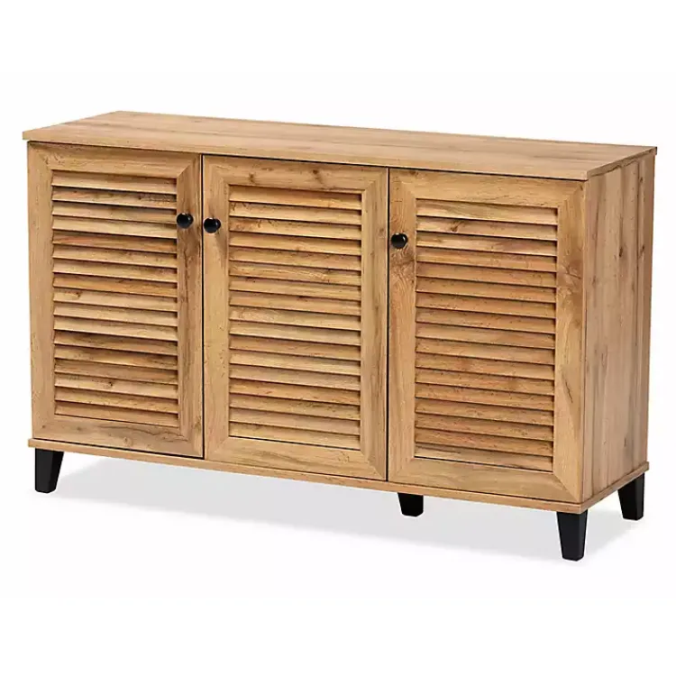Entryway Furniture-Kirklands Home Oak 3-Door Slatted Shoe Storage Cabinet Brown