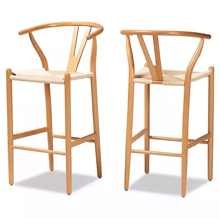 Bar Stools & Counter Height Stools-Kirklands Home Natural Wood Woven Yarn Seat Bar Stools, Set of 2 Tan