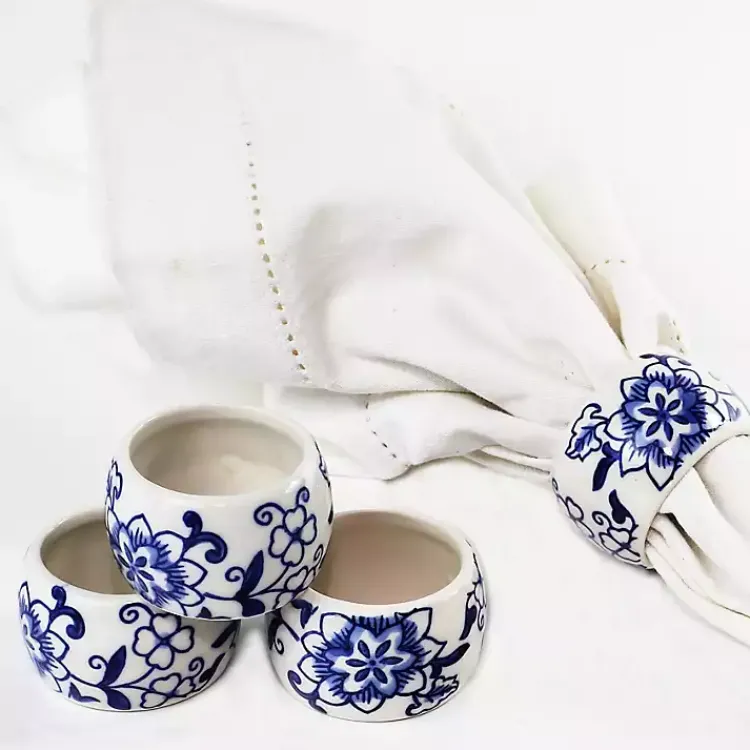 Table Linens-Kirklands Home Pip Vintage Blue Floral Napkin Rings, Set of 4