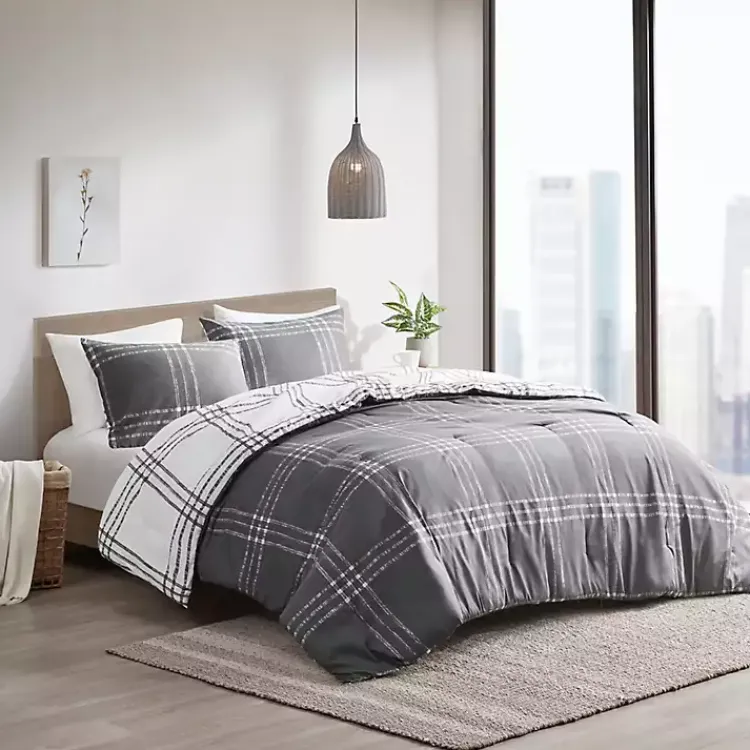 Comforters-Kirklands Home Gray Plaid Dayton 3-pc. Full/Queen Comforter Set