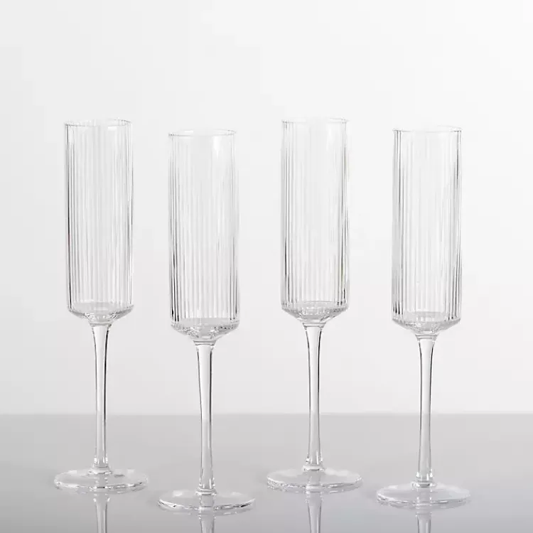 Glassware & Drinkware-Kirklands Home Linear Ribbed Champagne Flutes, Set of 4 Clear