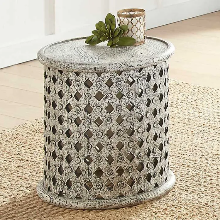 Accent & End Tables-Kirklands Home Round White Wood Lattice Accent Table