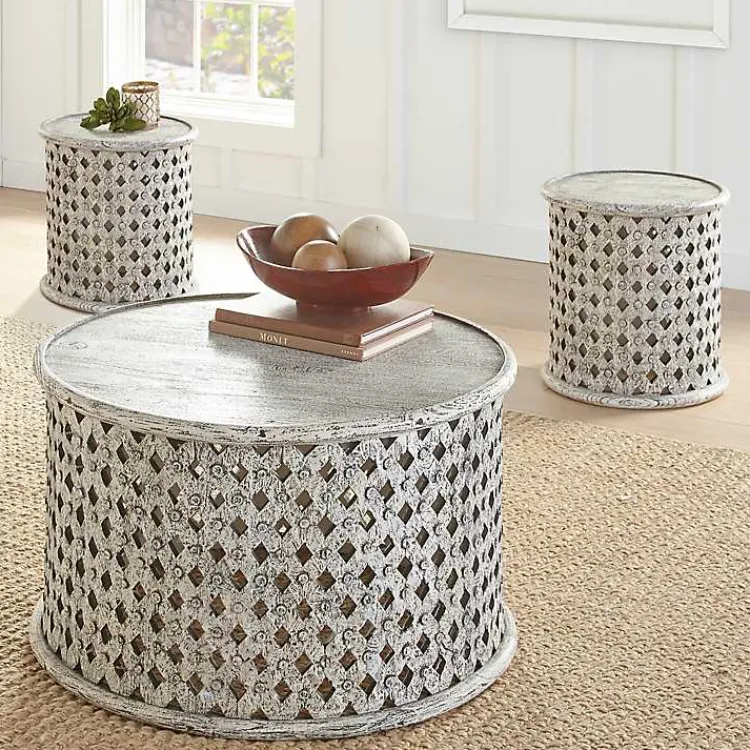 Accent & End Tables-Kirklands Home Round White Wood Lattice Accent Table