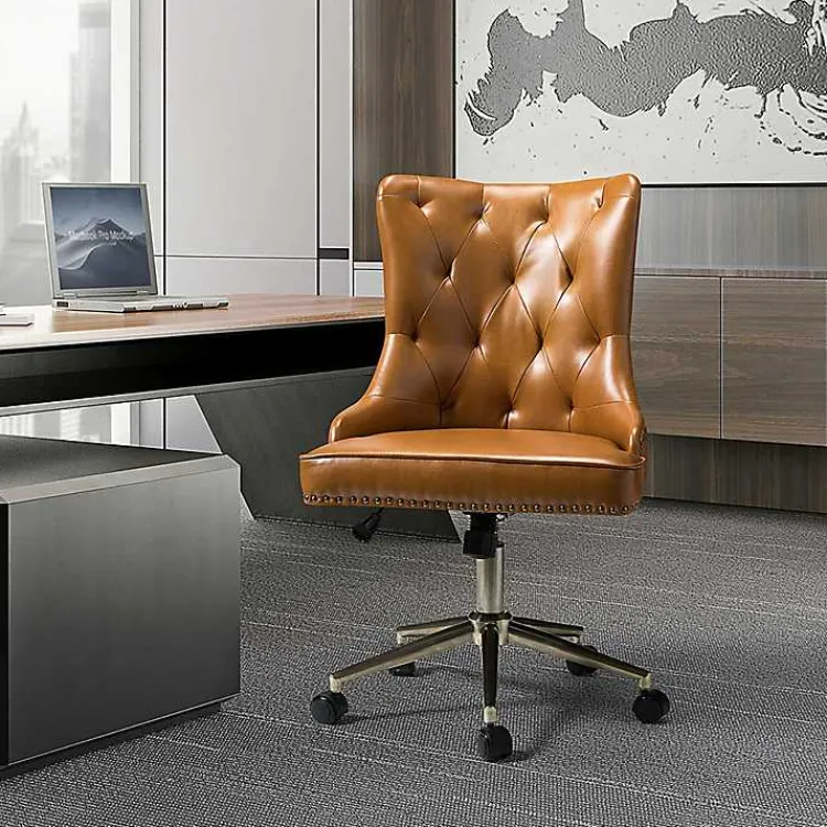 Office Furniture-Kirklands Home Faux Leather Tufted Back Office Chair Brown