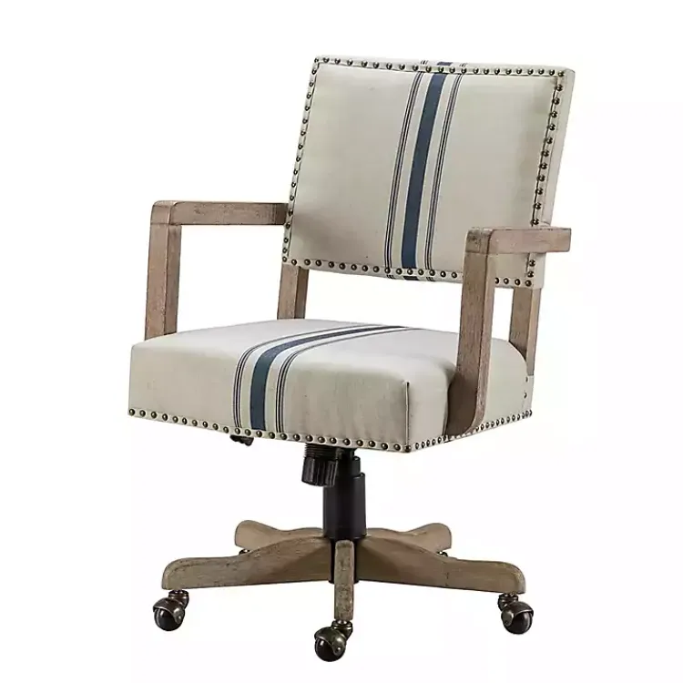 Office Furniture-Kirklands Home Ivory and Blue Stripe Natural Wood Office Chair