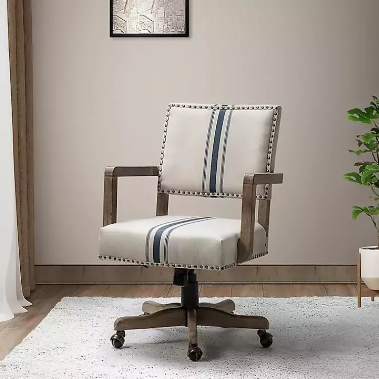 Office Furniture-Kirklands Home Ivory and Blue Stripe Natural Wood Office Chair