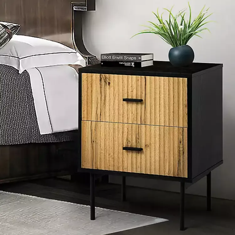 Nightstands-Kirklands Home Black and Natural Wood 2-Drawer Nightstand