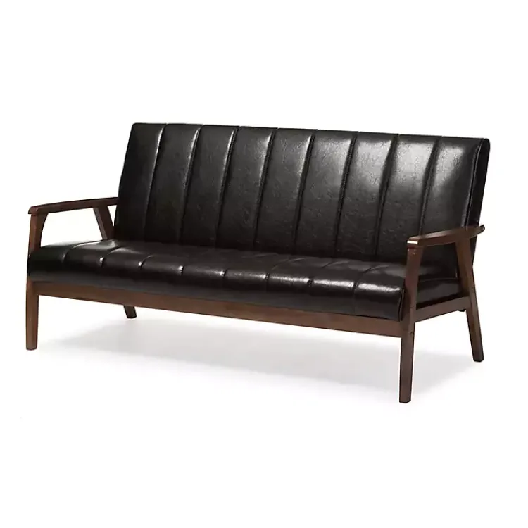 Sofas & Loveseats-Kirklands Home Dark Faux Leather Channel Sofa, 63 in. Brown