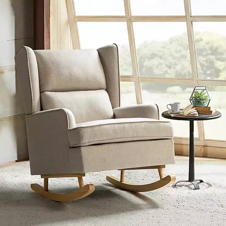 Accent Chairs-Kirklands Home Taupe Upholstered Natural Base Wingback Rocker Tan