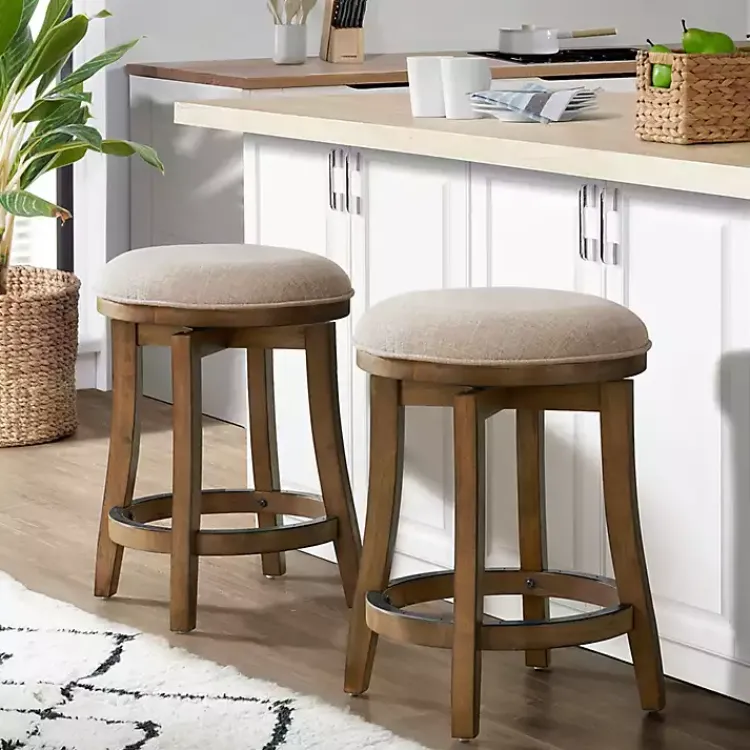 Bar Stools & Counter Height Stools-Kirklands Home Natural Linen Barrel Base Swivel Counter Stool Set Tan