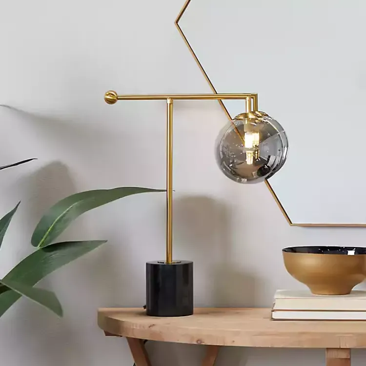 Table Lamps-Kirklands Home Gold Metal Smoked Glass Shade Table Lamp Gray