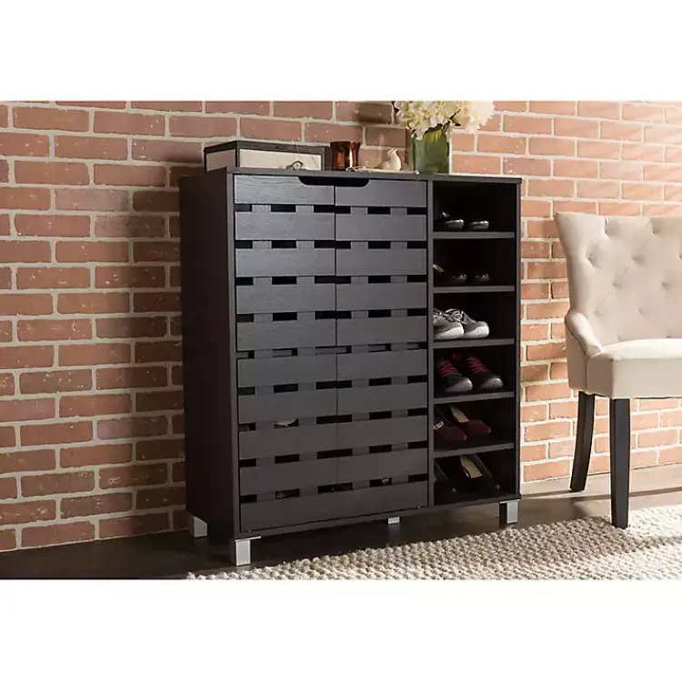 Entryway Furniture-Kirklands Home Aldrich Black Slatted Shoe Storage Cabinet